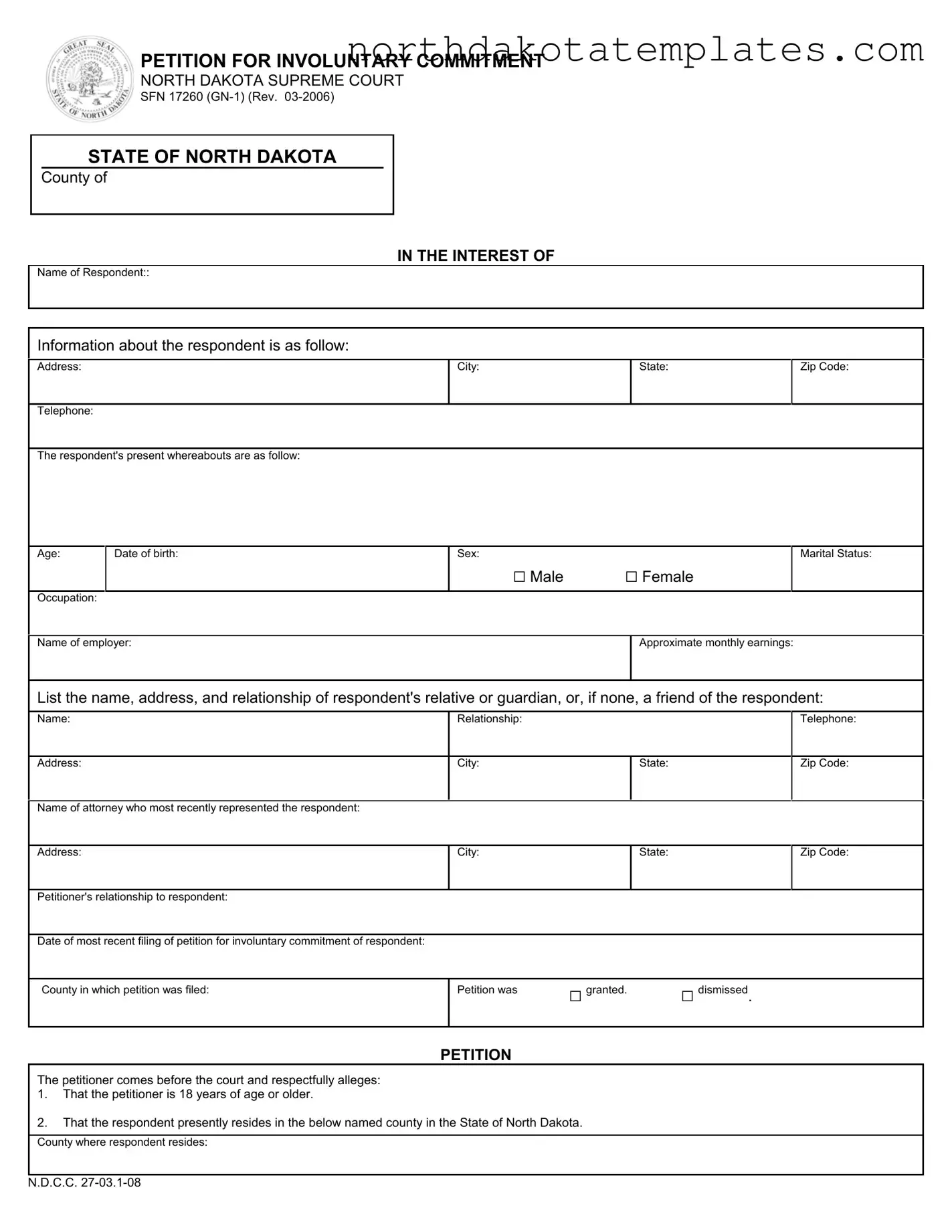 Free Nd Petition For Involuntary Commitment PDF Template