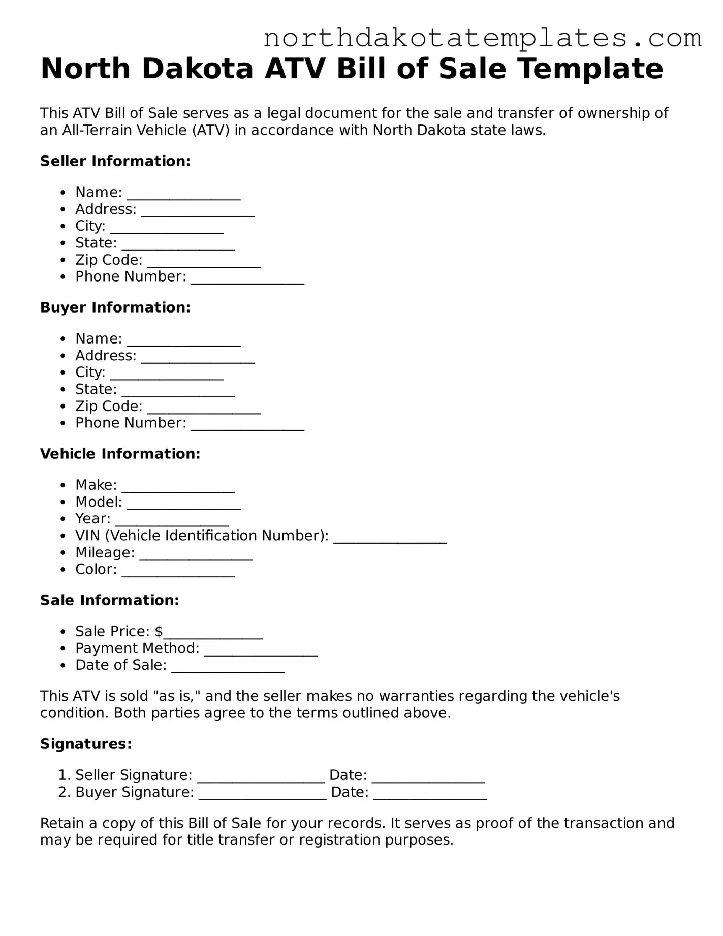Blank North Dakota ATV Bill of Sale Template