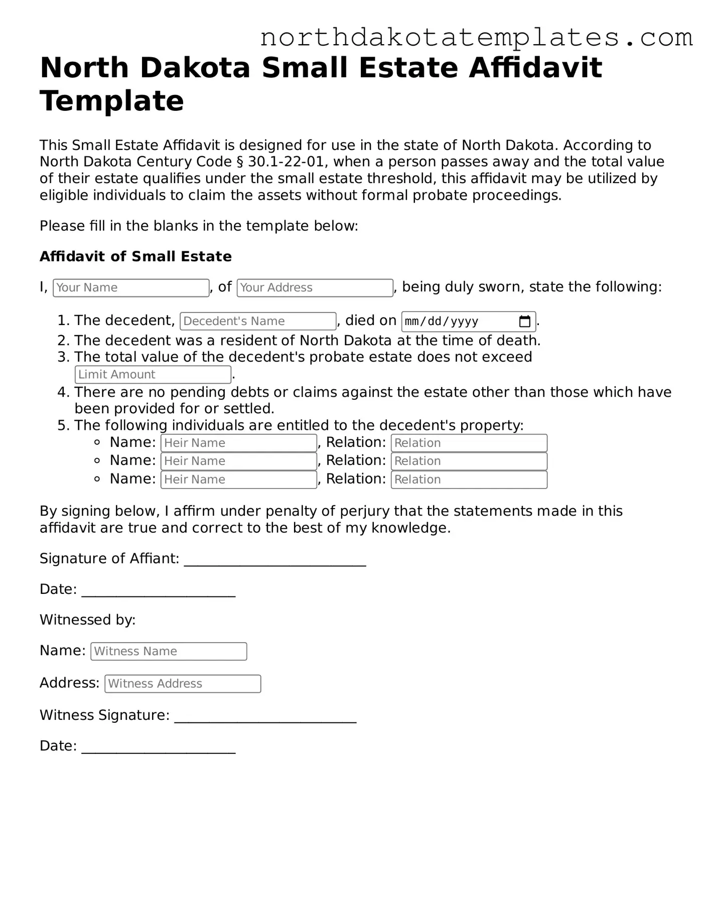 Blank North Dakota Small Estate Affidavit Template