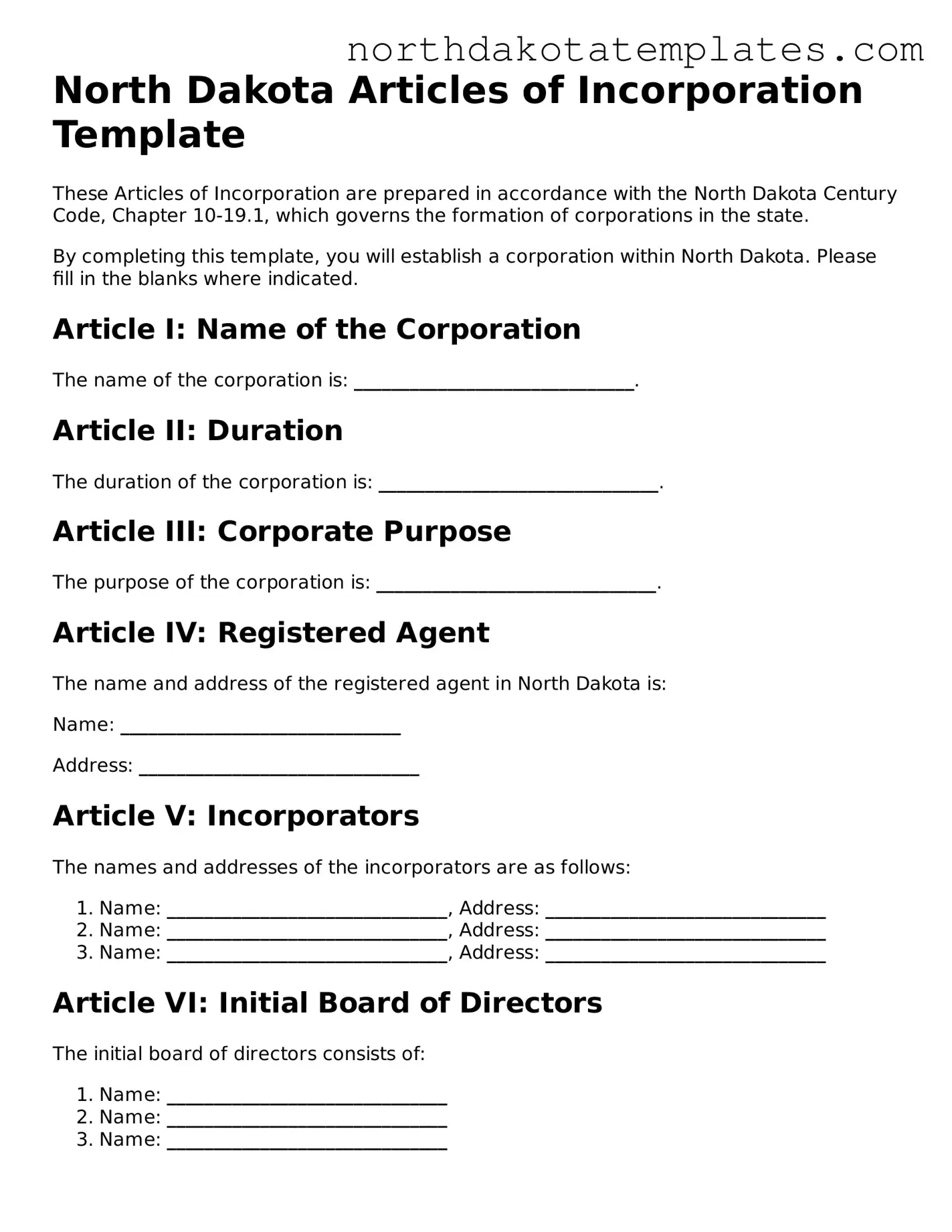 Blank North Dakota Articles of Incorporation Template