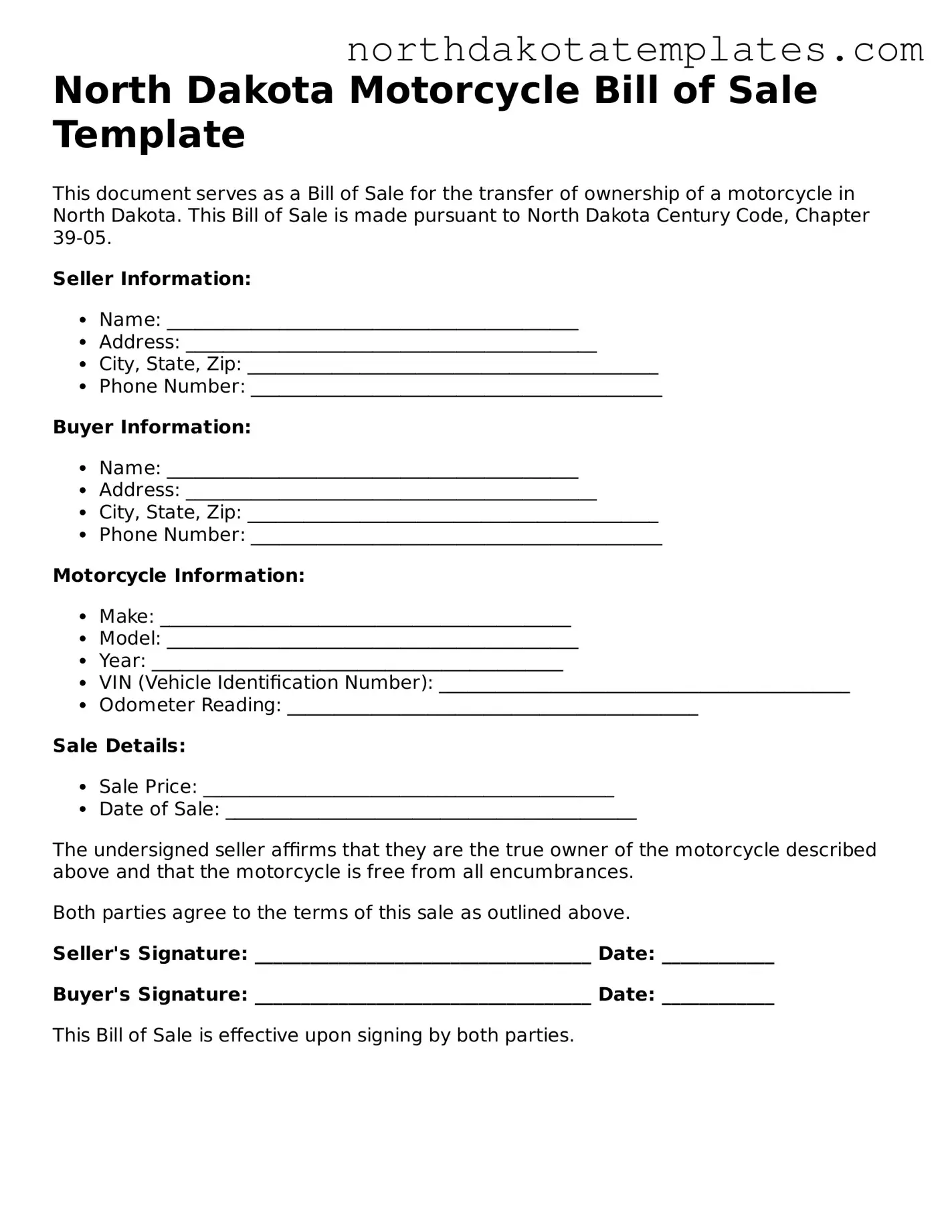 Blank North Dakota Motorcycle Bill of Sale Template