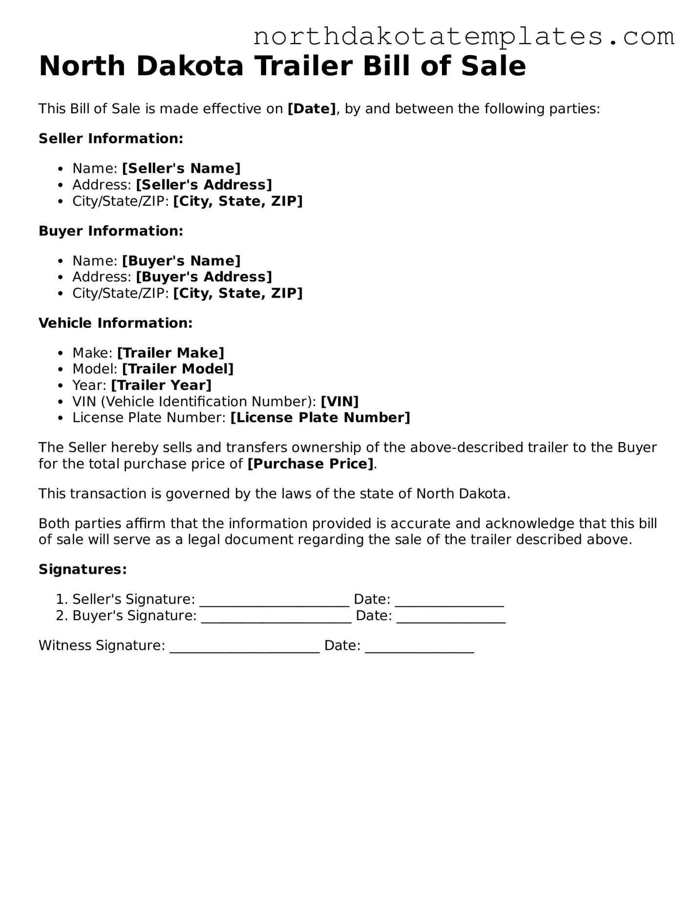 Blank North Dakota Trailer Bill of Sale Template
