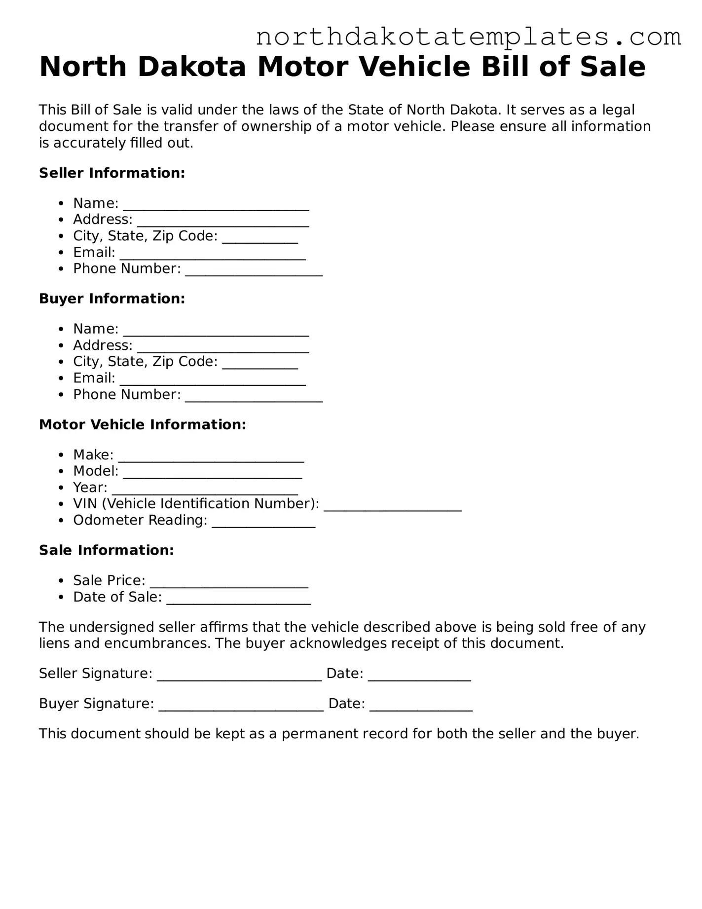 Blank North Dakota Motor Vehicle Bill of Sale Template