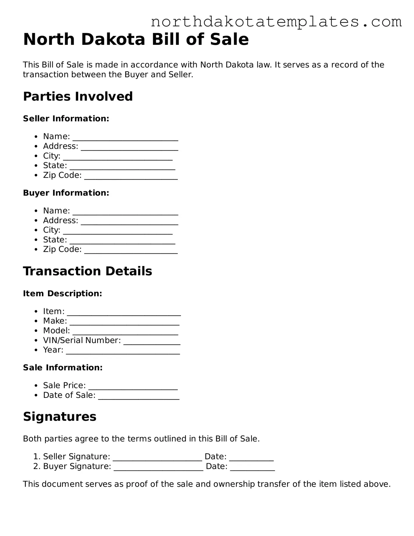 Blank North Dakota Bill of Sale Template