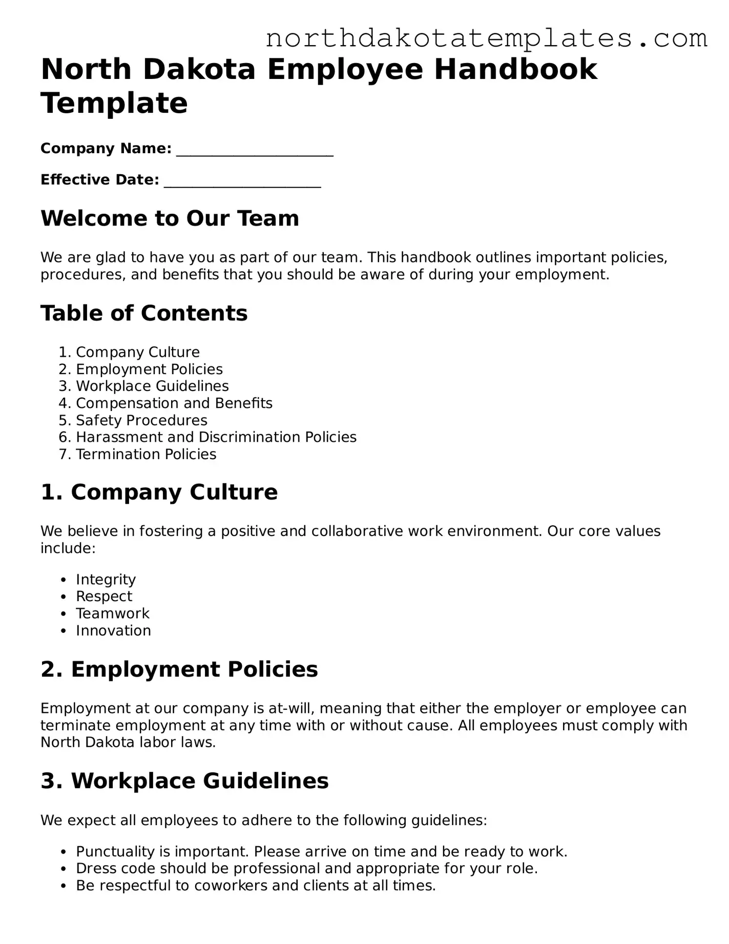 Blank North Dakota Employee Handbook Template