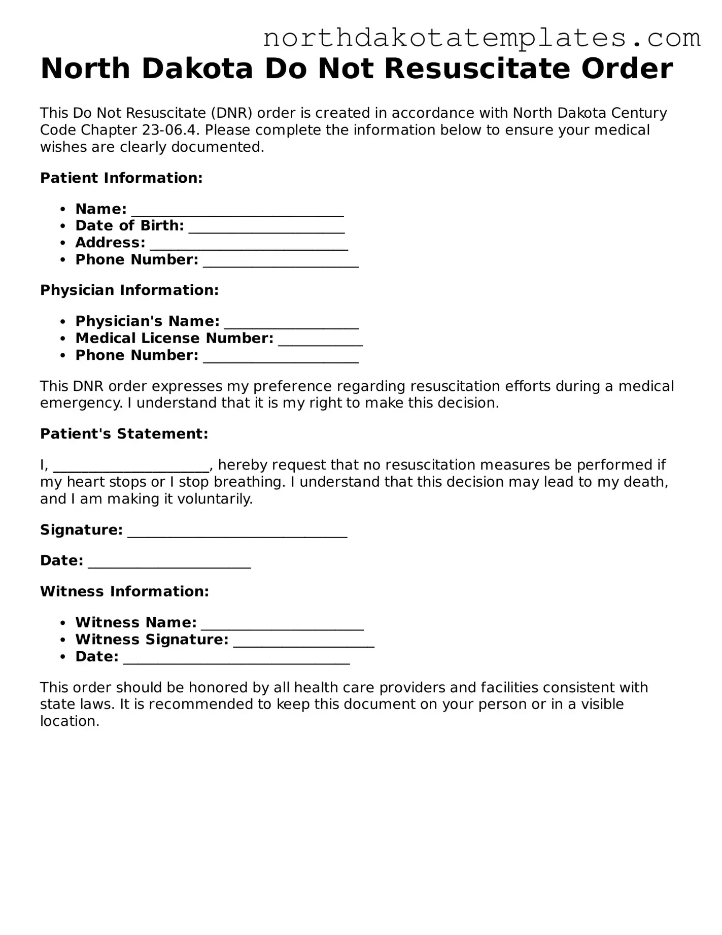 Blank North Dakota Do Not Resuscitate Order Template