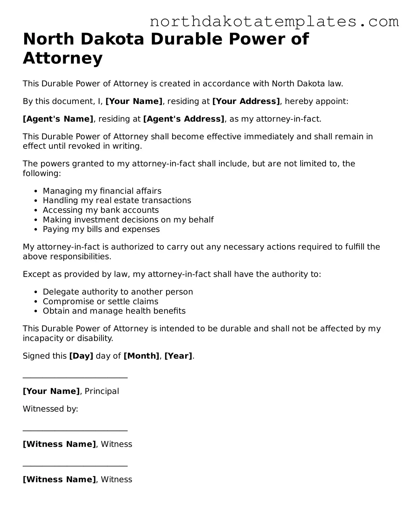 Blank North Dakota Durable Power of Attorney Template
