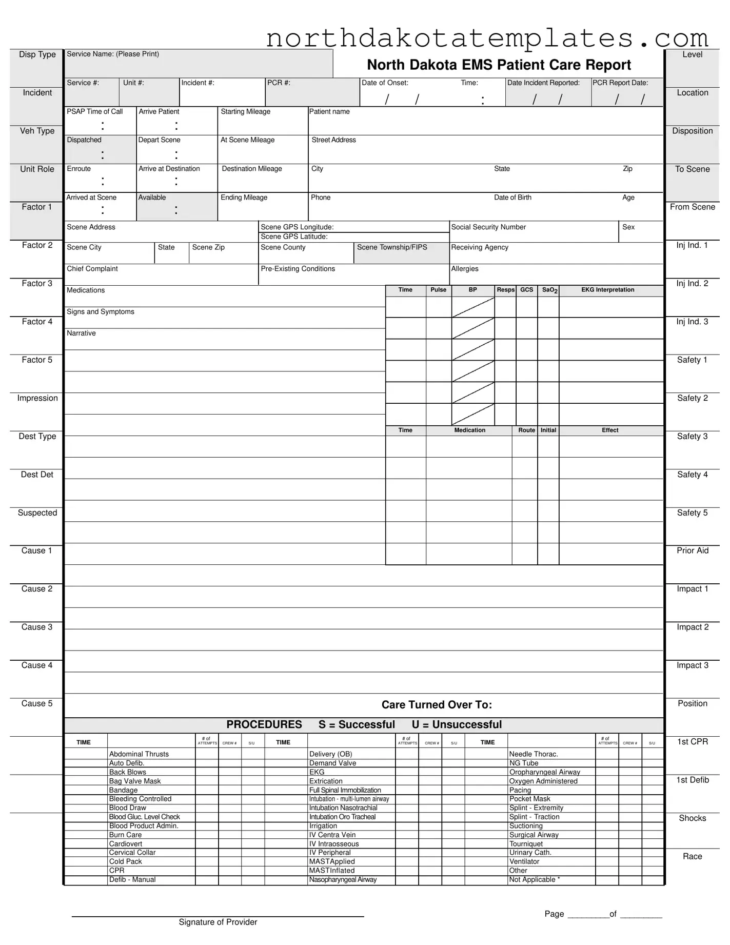 Free North Dakota Ems Patient Care Report PDF Template