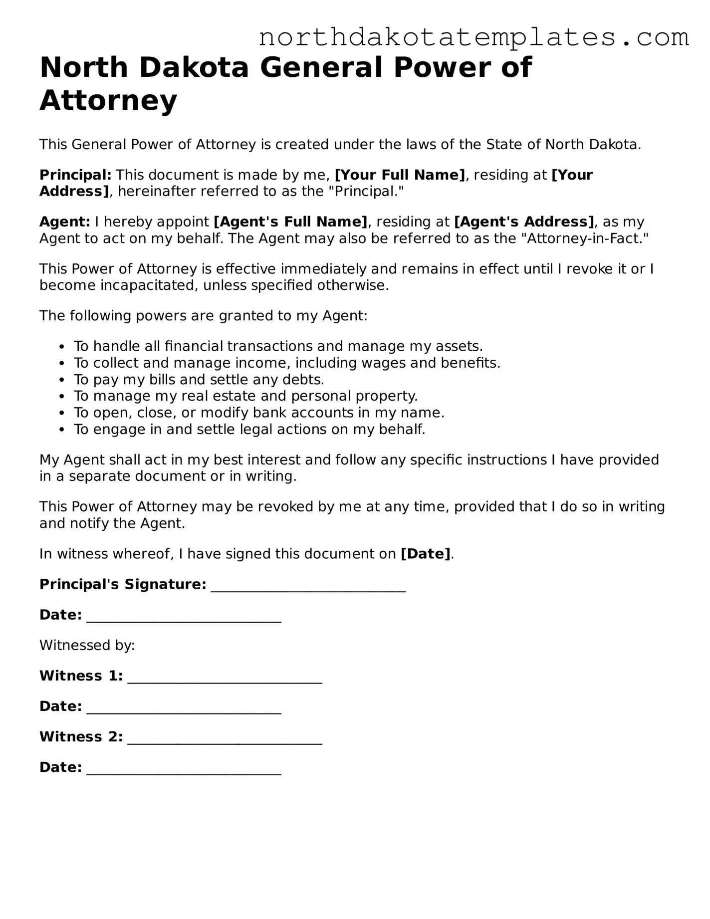 Blank North Dakota General Power of Attorney Template