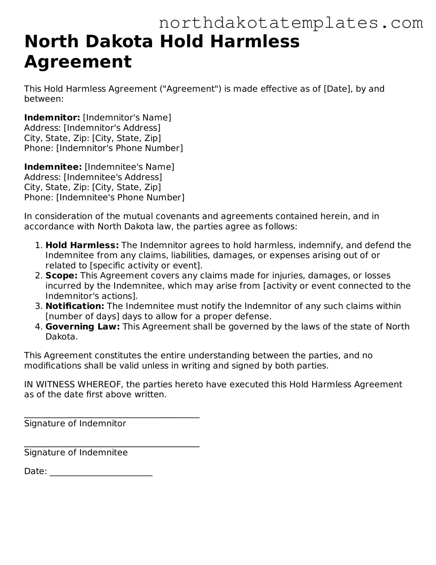 Blank North Dakota Hold Harmless Agreement Template