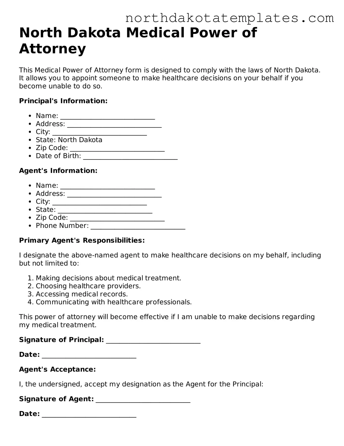 Blank North Dakota Medical Power of Attorney Template
