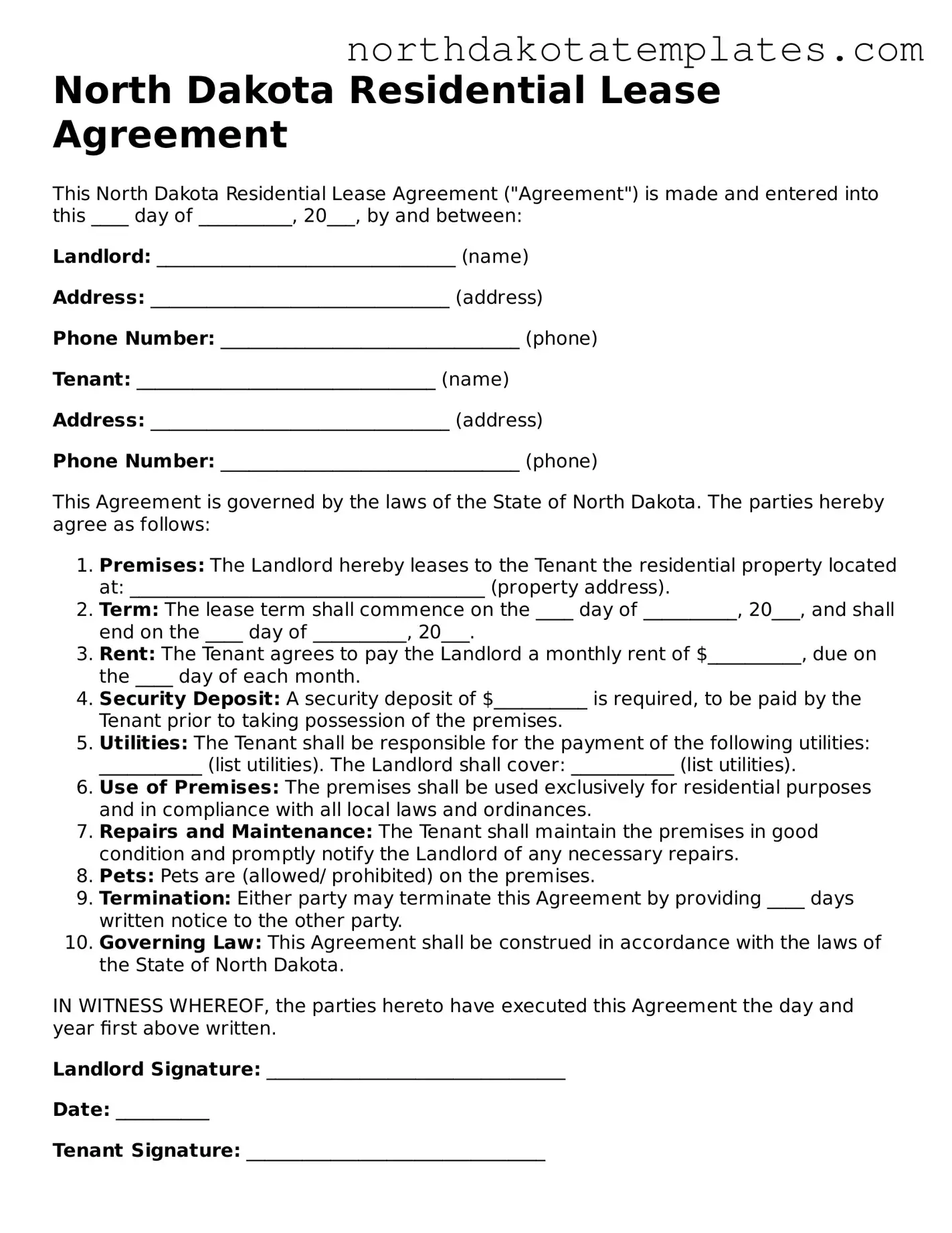 Blank North Dakota Residential Lease Agreement Template