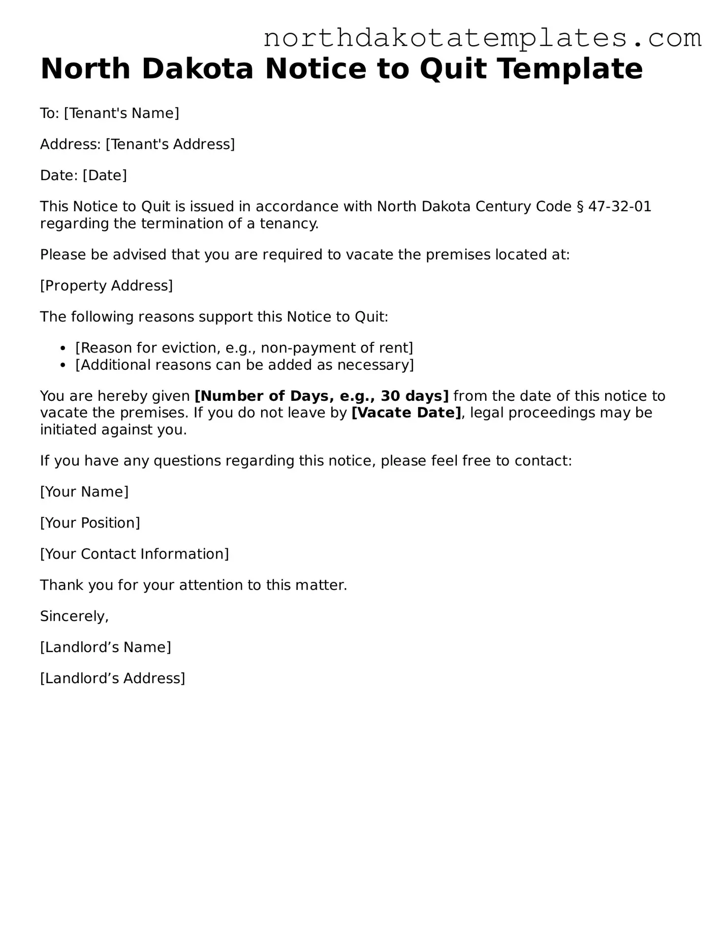 Blank North Dakota Notice to Quit Template