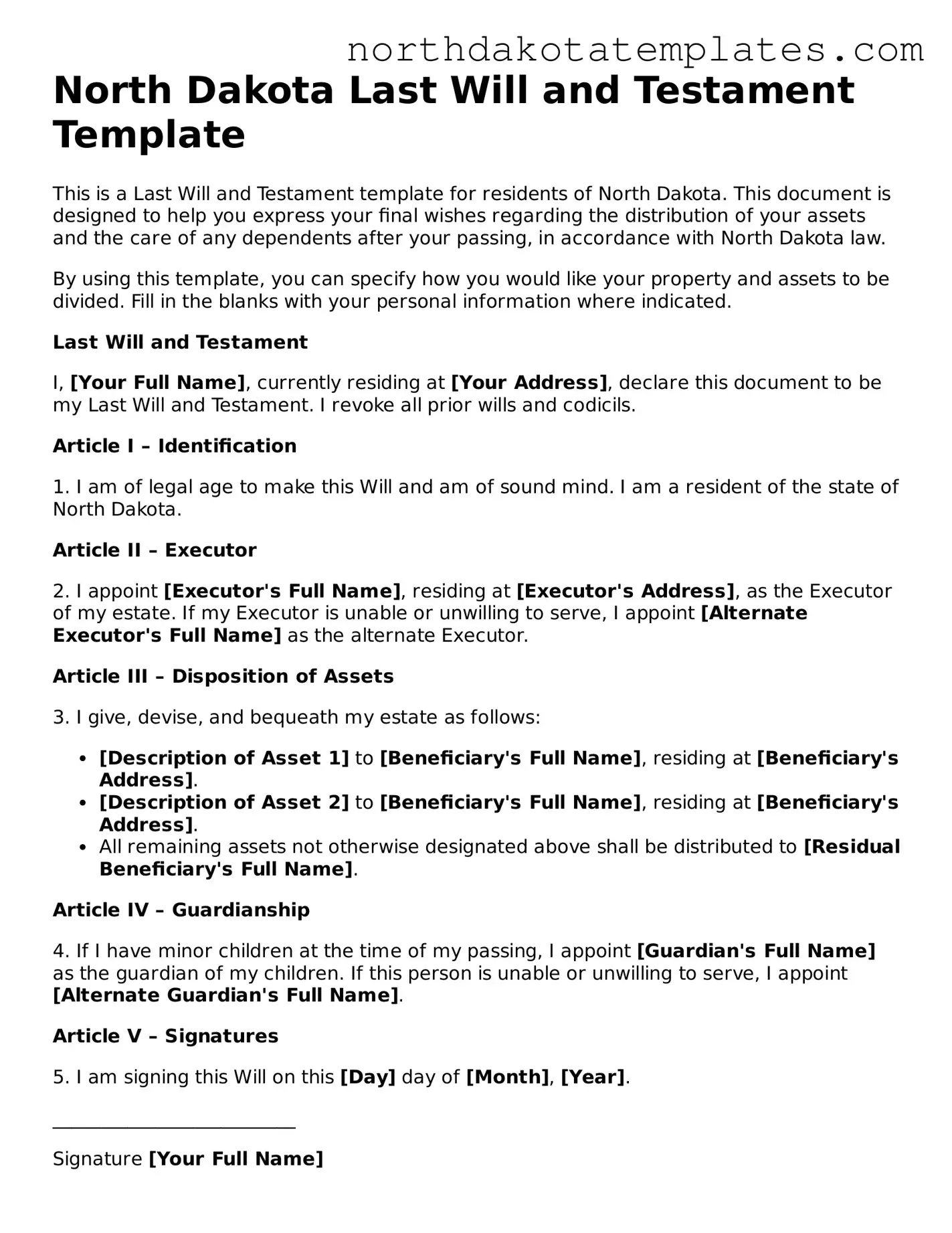 Blank North Dakota Last Will and Testament Template
