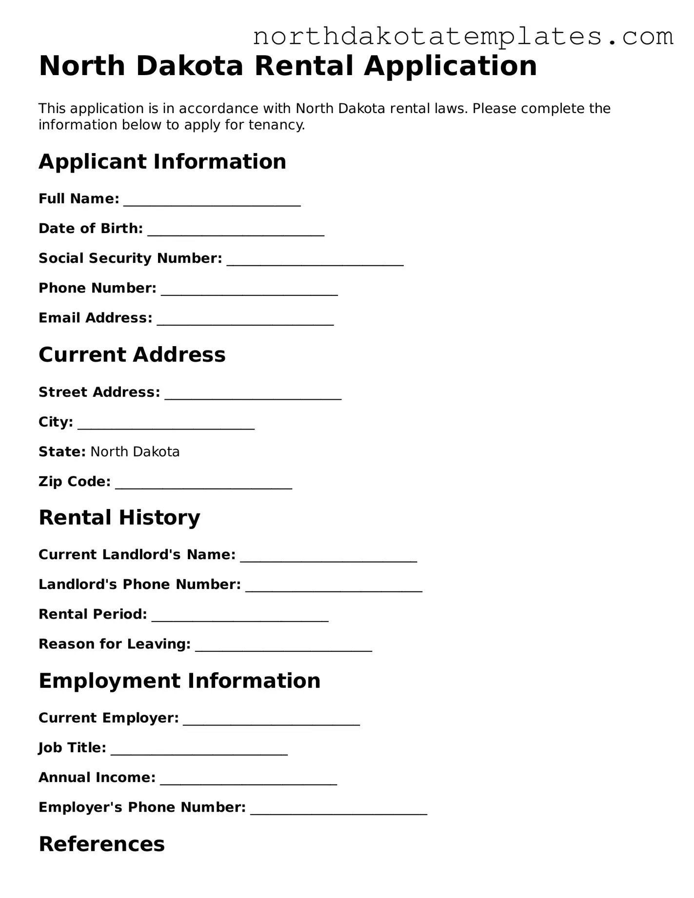 Blank North Dakota Rental Application Template