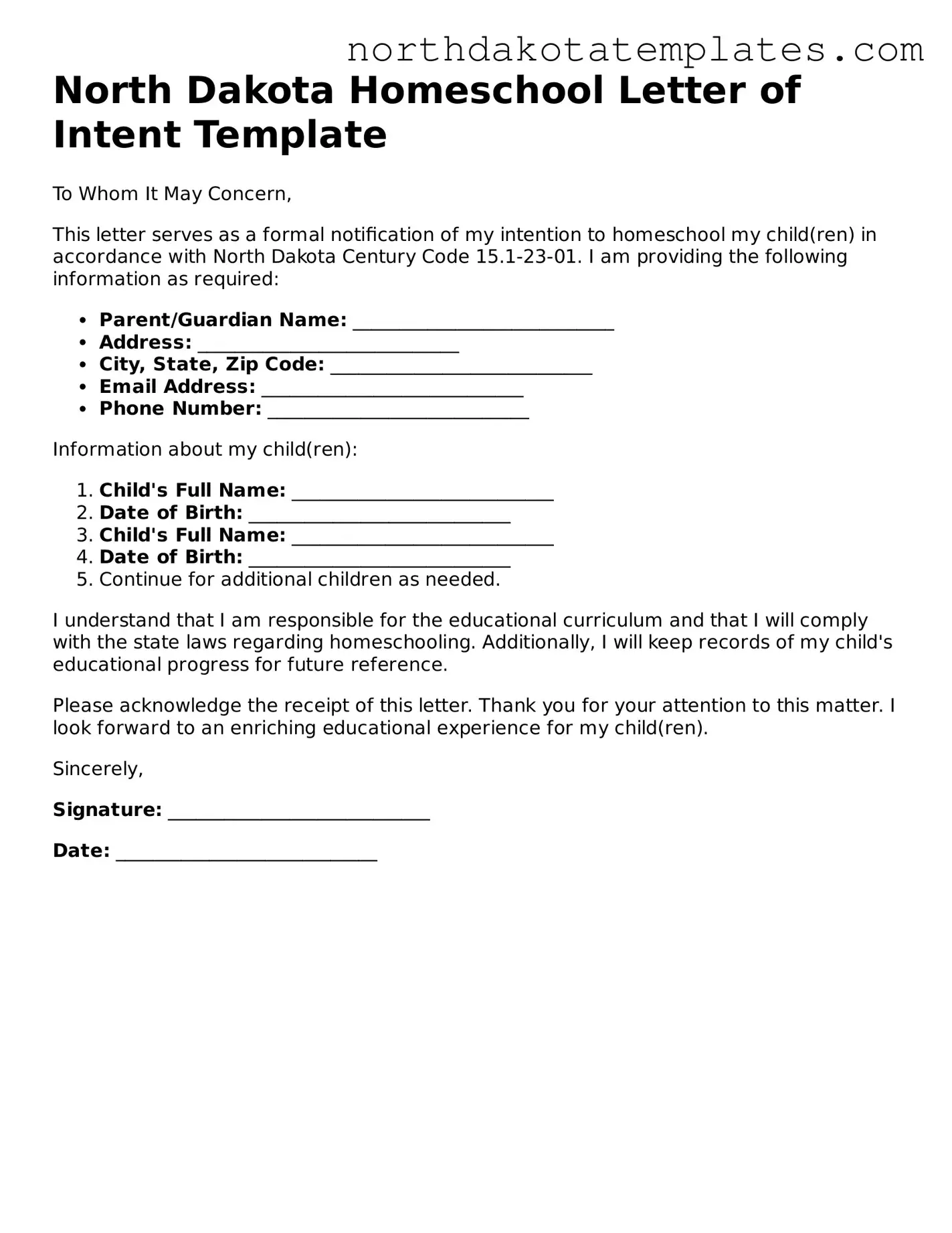Blank North Dakota Homeschool Letter of Intent Template