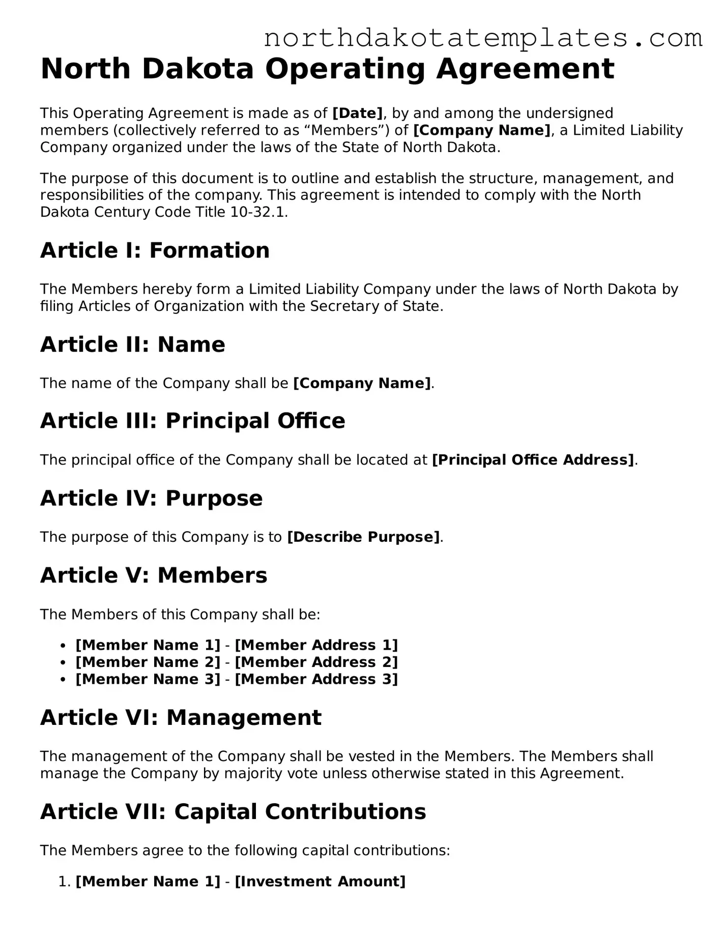 Blank North Dakota Operating Agreement Template