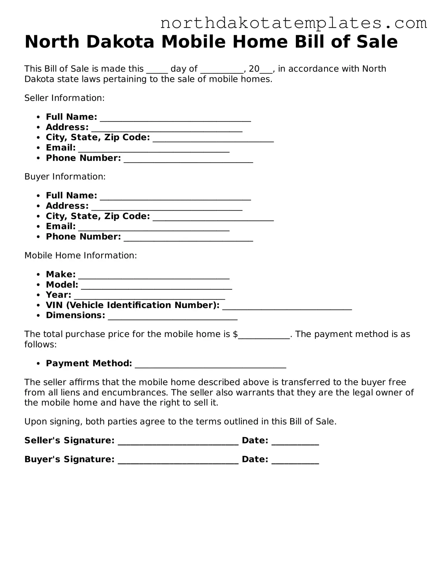 Blank North Dakota Mobile Home Bill of Sale Template