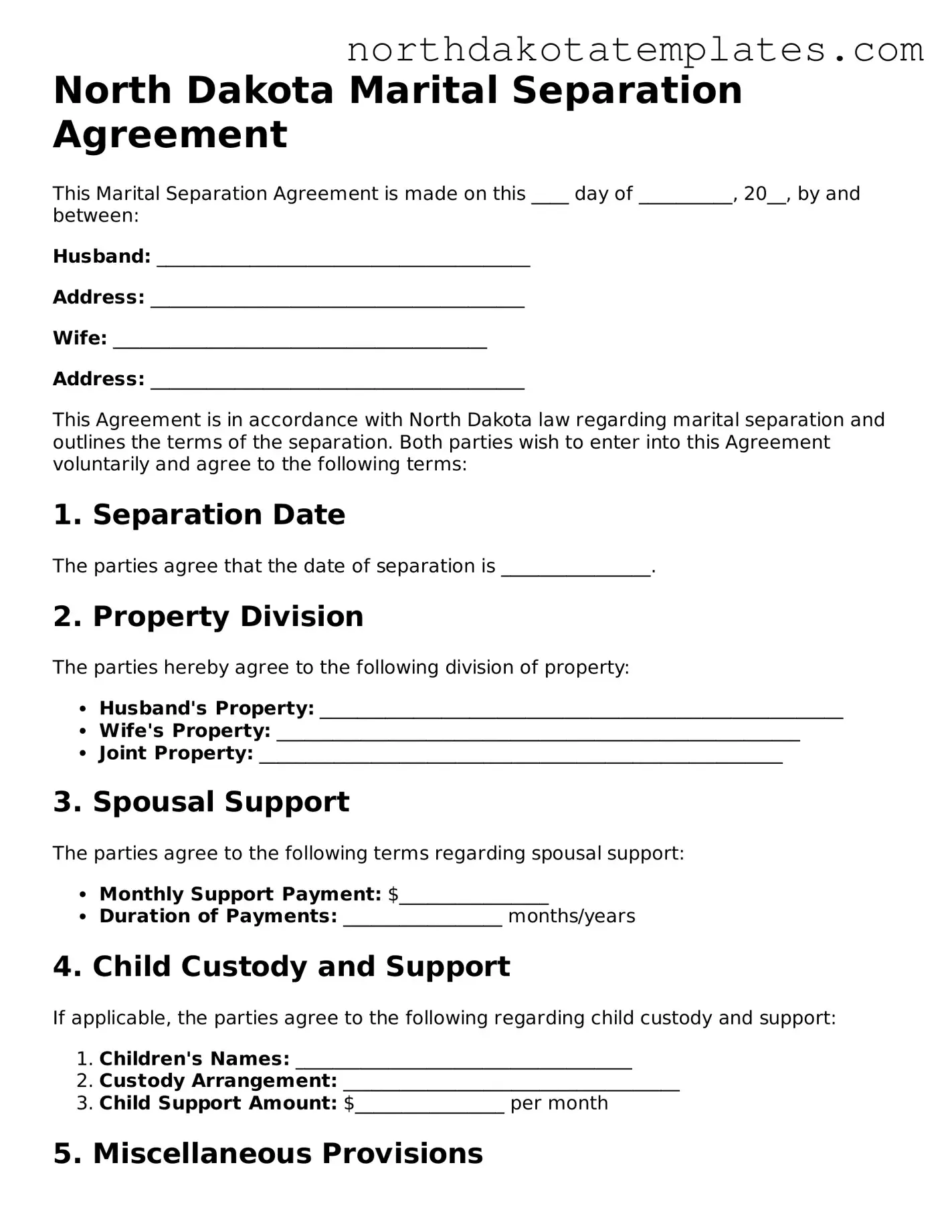 Blank North Dakota Marital Separation Agreement Template