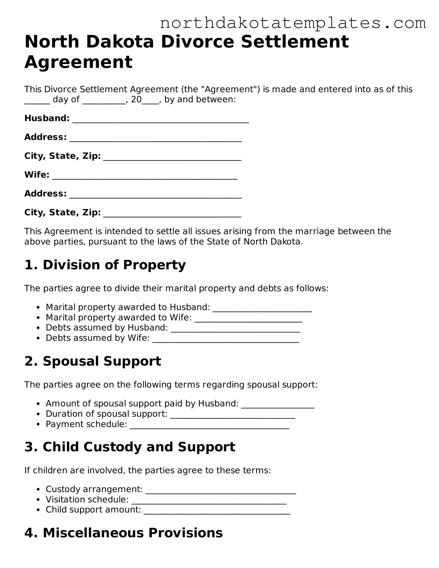 Blank North Dakota Divorce Settlement Agreement Template
