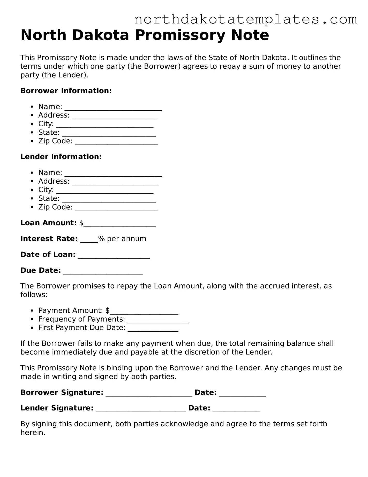 Blank North Dakota Promissory Note Template