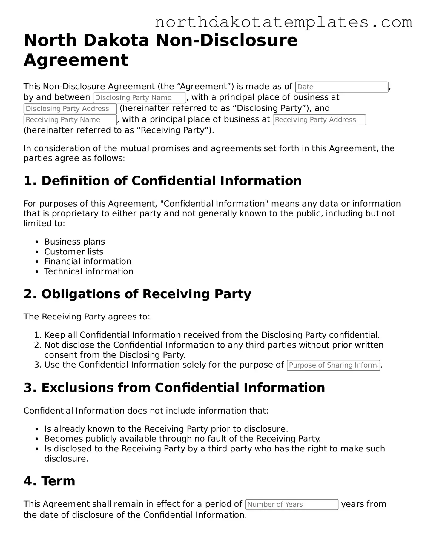 Blank North Dakota Non-disclosure Agreement Template