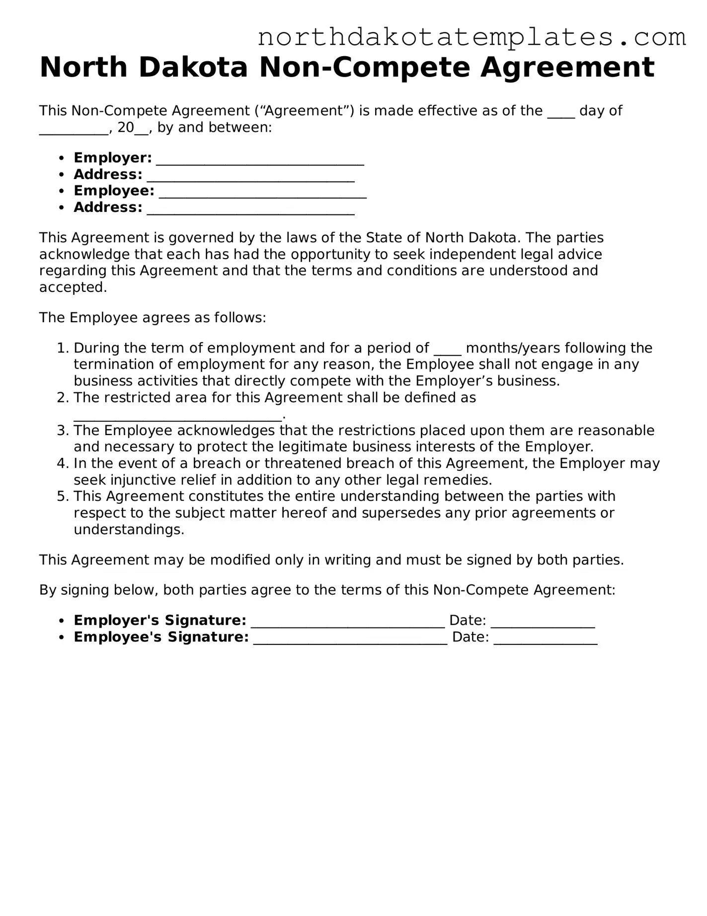 Blank North Dakota Non-compete Agreement Template