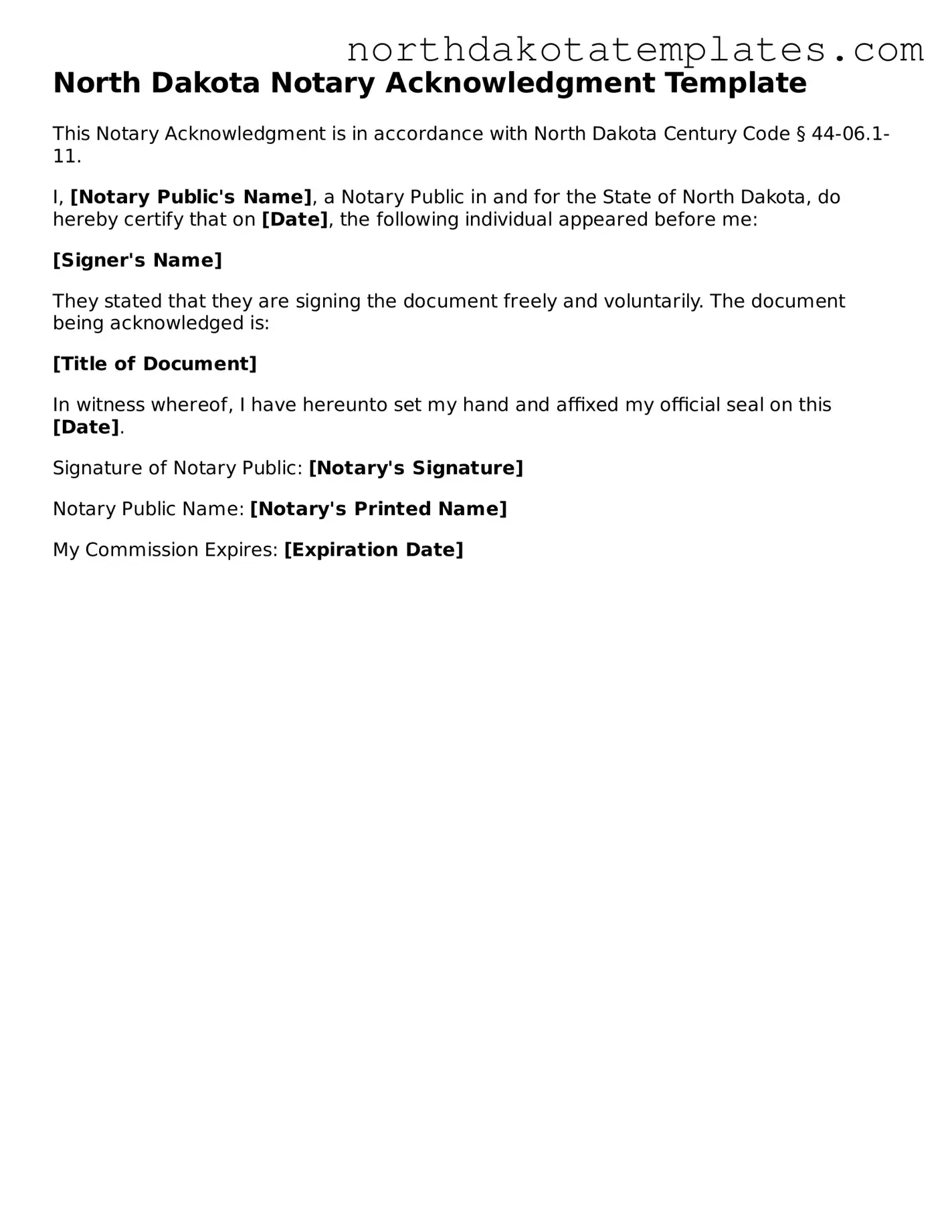 Blank North Dakota Notary Acknowledgement Template
