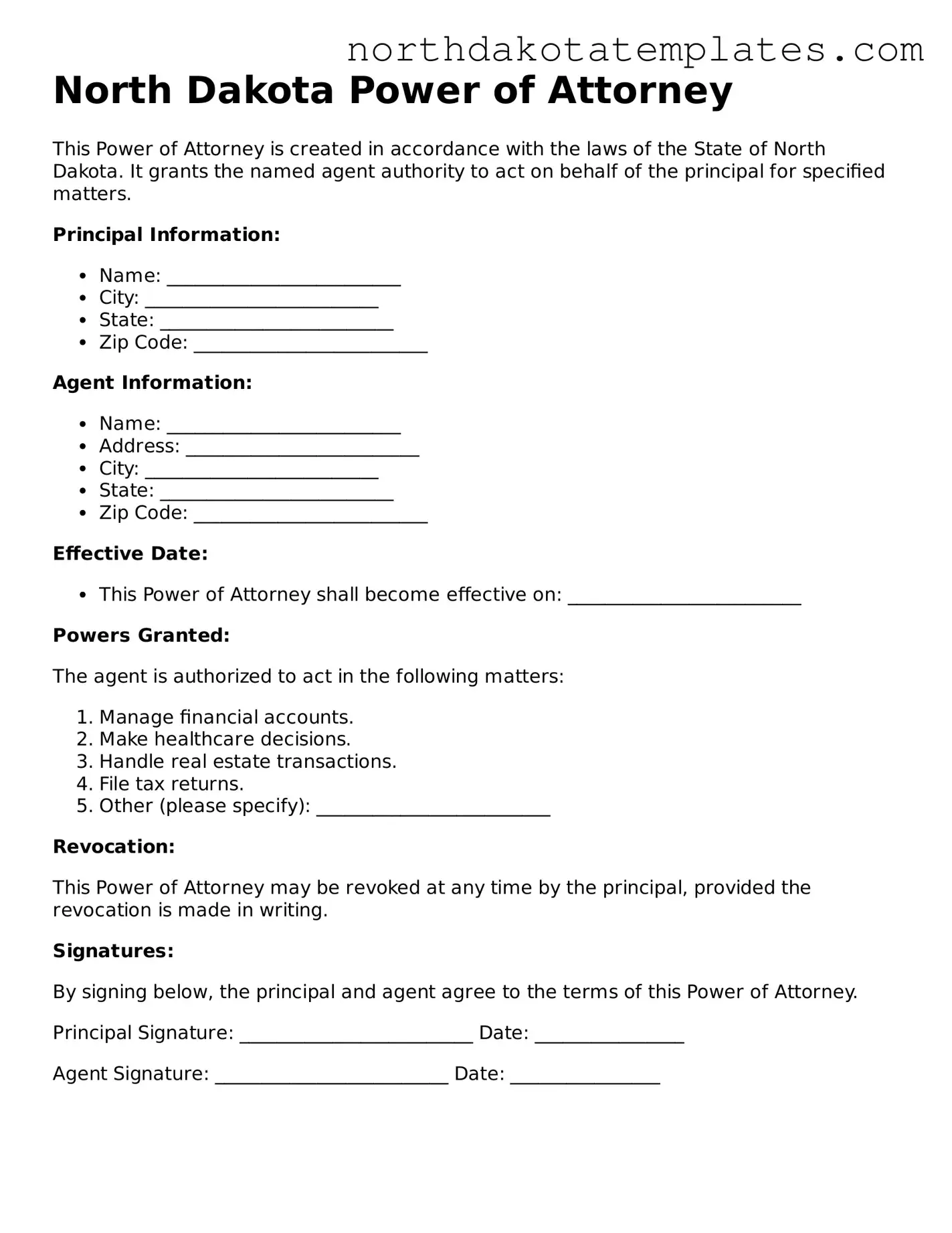 Blank North Dakota Power of Attorney Template