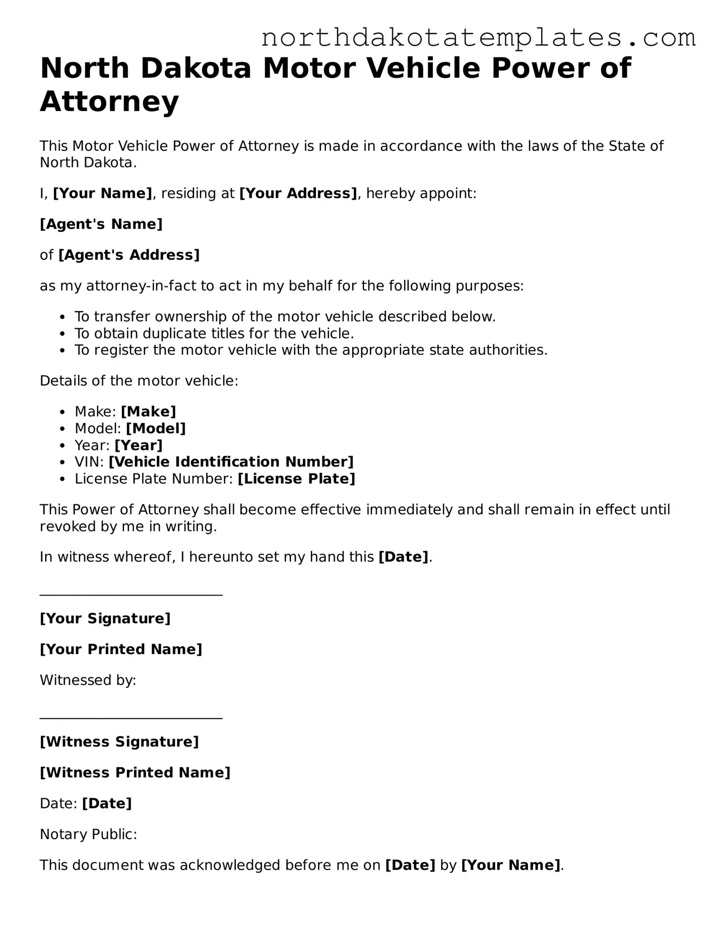 Blank North Dakota Motor Vehicle Power of Attorney Template