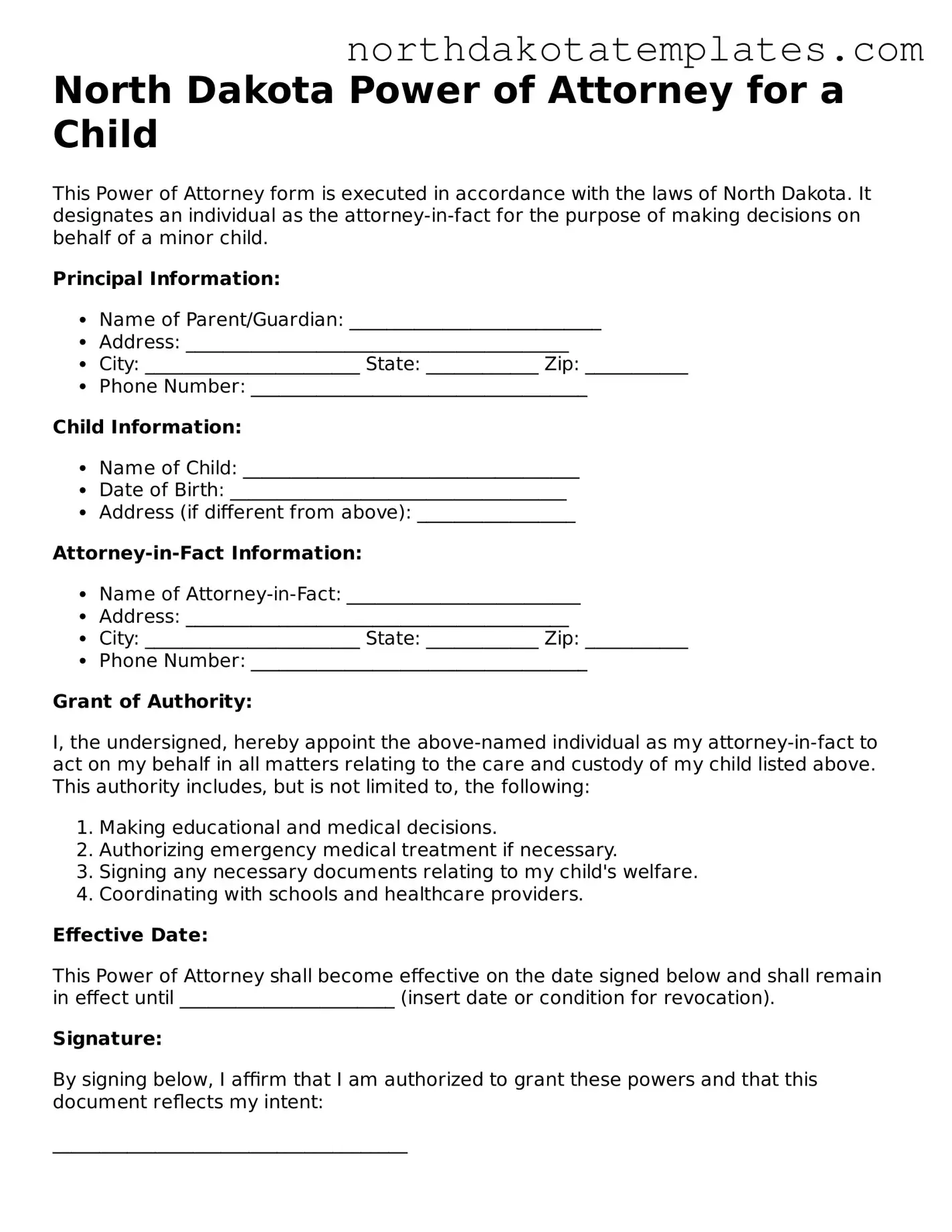 Blank North Dakota Power of Attorney for a Child Template