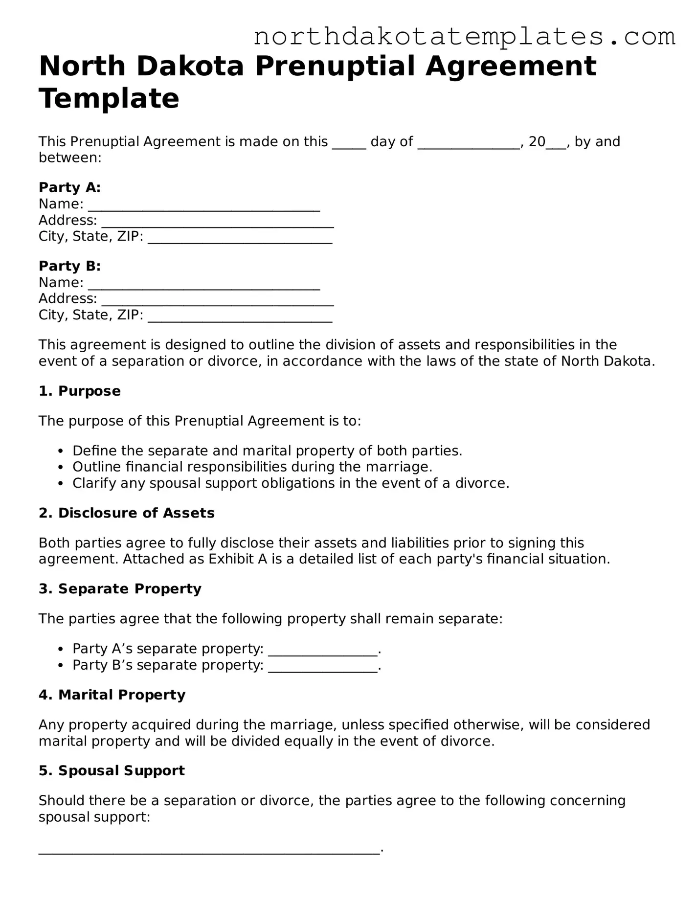 Blank North Dakota Prenuptial Agreement Template
