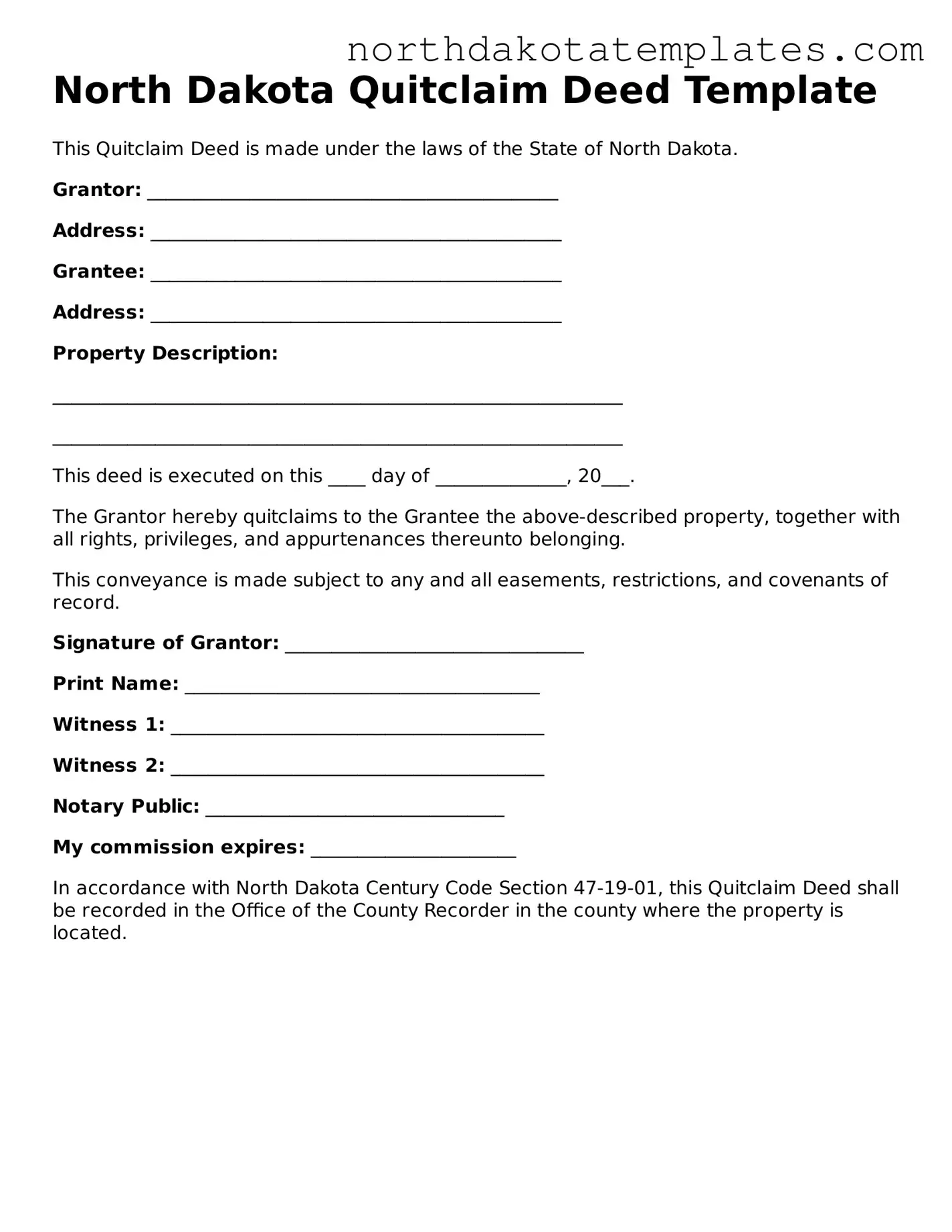 Blank North Dakota Quitclaim Deed Template