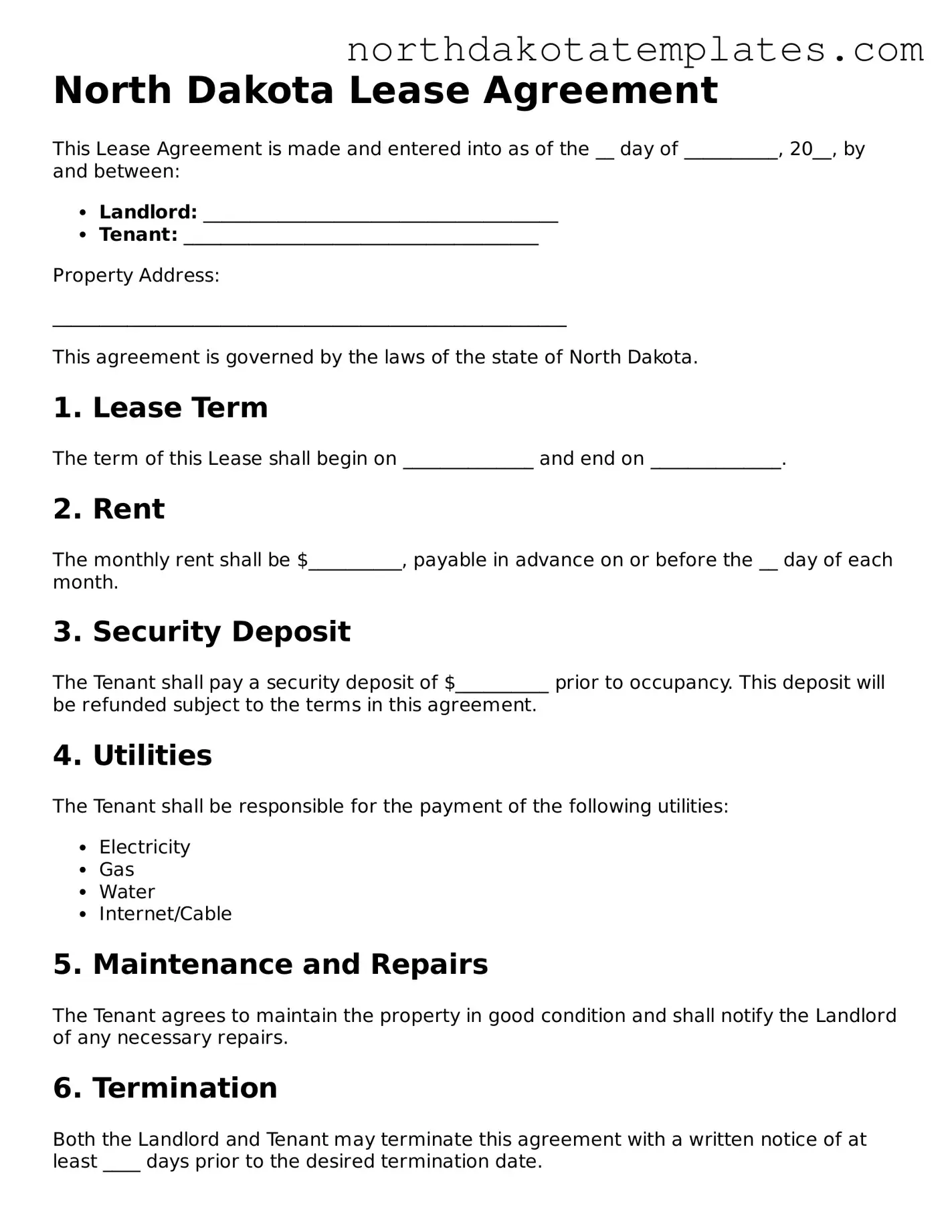 Blank North Dakota Lease Agreement Template