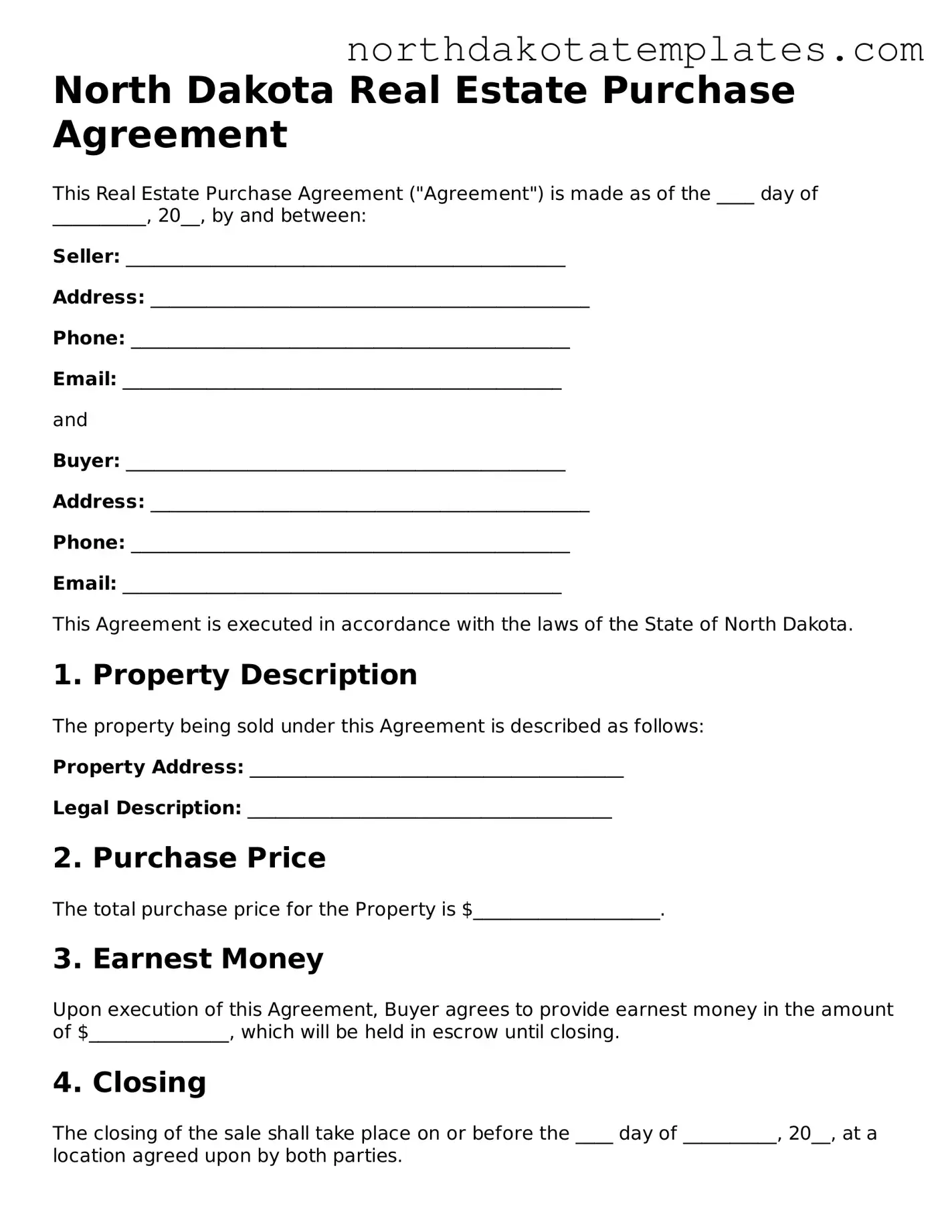 Blank North Dakota Real Estate Purchase Agreement Template