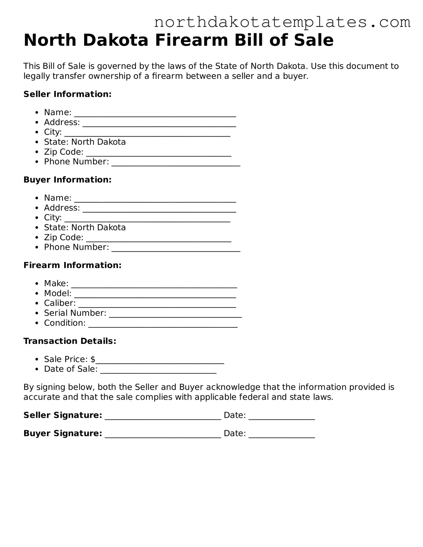 Blank North Dakota Firearm Bill of Sale Template