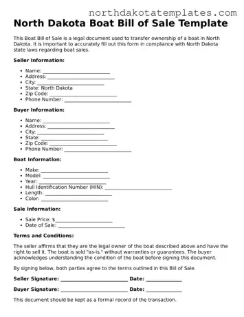 Blank North Dakota Boat Bill of Sale Template