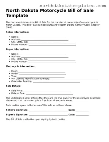 Blank North Dakota Motorcycle Bill of Sale Template