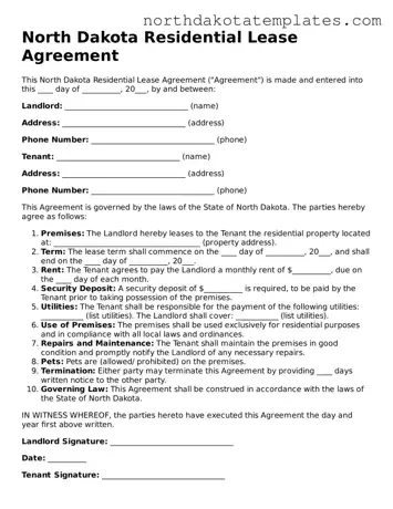 Blank North Dakota Residential Lease Agreement Template
