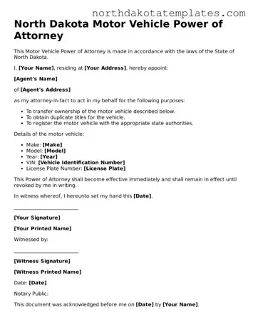 Blank North Dakota Motor Vehicle Power of Attorney Template