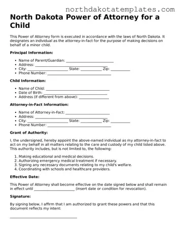 Blank North Dakota Power of Attorney for a Child Template